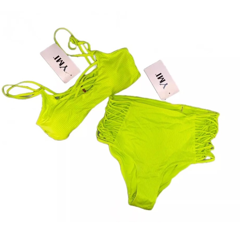 YMI 2 Piece High Waist Swimsuit In Size Medium-Lime Punch-Retail $60